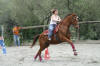 Une jolie cavalire exterieure sur son grand cheval alezan font l'preuve de pole bending.